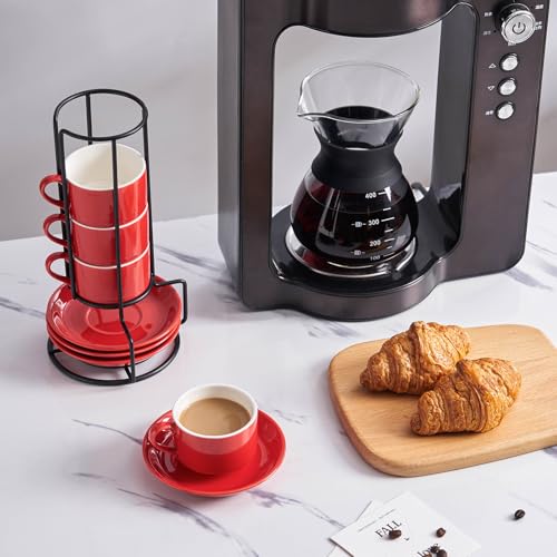 YOLIFE 2.5oz Espresso Cups Set of 4, Porcelain Stackable Espresso Cups, Expresso Shots Cup Set with Saucers and Metal Stand-Red - color: Red, size: 2.5oz