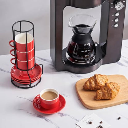 YOLIFE 2.5oz Espresso Cups Set of 4, Porcelain Stackable Espresso Cups, Expresso Shots Cup Set with Saucers and Metal Stand-Red - color: Red, size: 2.5oz