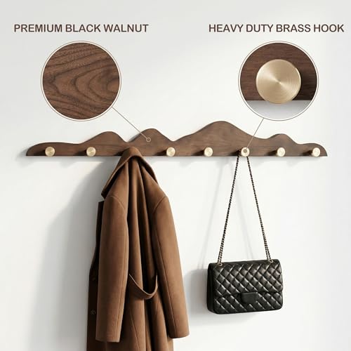 Starry Wood Coat Hooks Wall Mount Wooden Modern Decorative Wall Mount Coat Rack with 8 Gold Brass Hooks Heavy Duty Mounted Entryway Coat Rack for Hanging Coats Keys Hats Towels Bags Purse Walnut - size: 8 Hooks