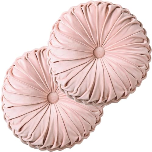 HIG Set of 2 Pink Velvet Decorative Round Pleated Throw Pillows | Vintage Floor Pillows, Classy Accent Pumpkin with Center Button, for Sofa Couch Vanity Chair Bed, 14.5" Diameter - color: R-pink, size: 2 Count (14.5 Inch Diameter)