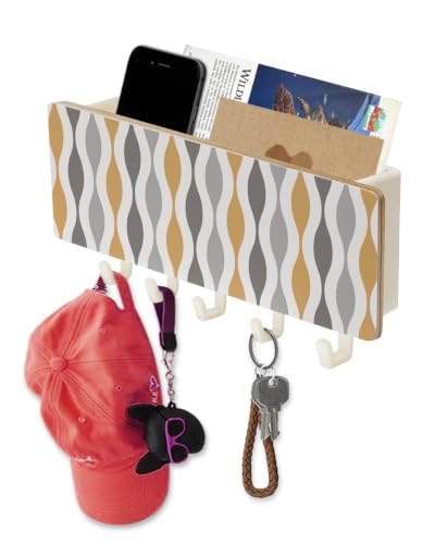 Key Holder for Wall Mid Century Abstract Art Key and Mail Holder with Shelf 5 Hooks Storage Key Organizer Rack Symmetrical Geometric Yellow Grey Wood Wall Key Hanger for Entryway Hallway Home Decor - color: Yellow Grey, size: White