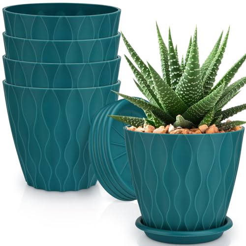 YNNICO 6 inch Plant Pots, 5 Pack Flower Pots Outdoor Indoor, Planters with Drainage Hole and Tray Saucer(Blue - color: Blue, size: 6 inch