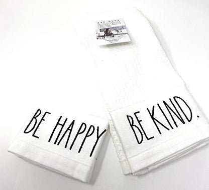 Rae Dunn Kitchen Towel Set of 2 Embroidered BE Happy and BE Kind