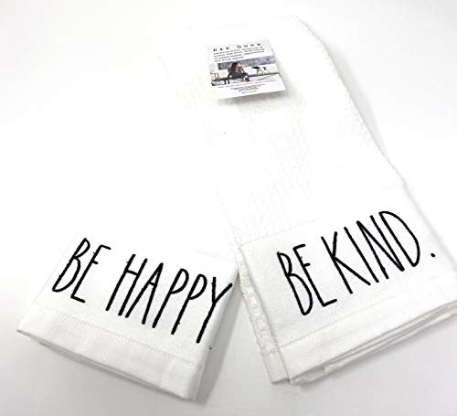 Rae Dunn Kitchen Towel Set of 2 Embroidered BE Happy and BE Kind