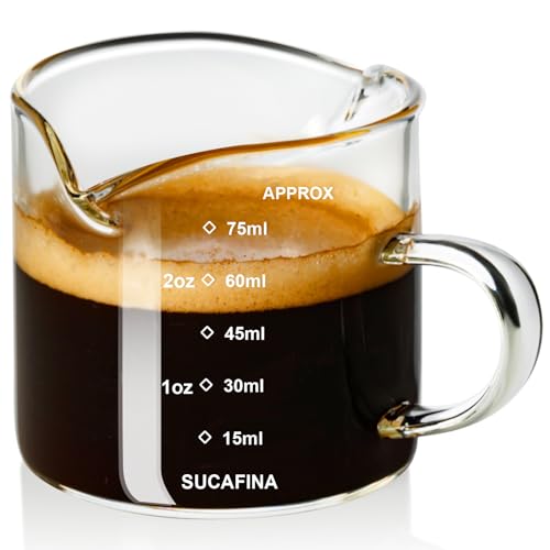 PARACITY Espresso Measuring Cup, 2.5 oz Double Spout Glass with Handle | Borosilicate body has dual scales and a V-shaped mouth for precise pouring while measuring espresso shots and coffee drinks - size: 2.5 Ounces