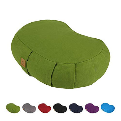 Crescent Zafu Meditation Pillow, D=17" W=11" H=5.5" Zabuton Yoga Bolster, Meditation Cushion, Floor Pouf Yoga Pillow Zippered Organic Cotton Cover Natural Buckwheat kneeling pillow - Large - color: Green