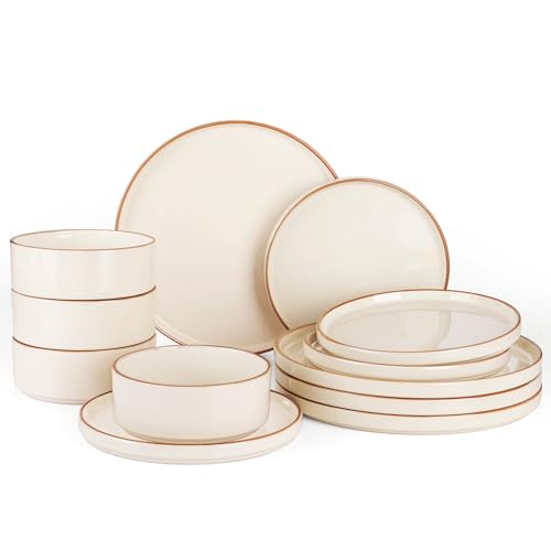 Famiware Nebula 12-Piece Dinnerware Set, Vanilla White with Brown Rim | Stoneware Dish Set for 4, Plates and Bowls, Microwave and Dishwasher Safe, Chip and Scratch Resistant - color: Vanilla White with Brown Rim, size: Service for 4 (Standard Dinner Set)