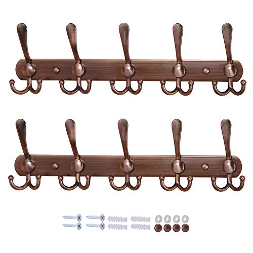 Wall Mounted Coat Rack - 5 Tri Hooks, Heavy Duty, Stainless Steel, Metal Coat Hook Rail for Coat Hat Towel Purse Robes Mudroom Bathroom Entryway (Antique Copper, 2 Packs) - color: Antique Copper, size: L=16" (2 Pcs)