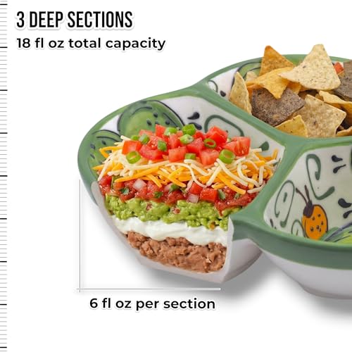 3-Compartment Ceramic Serving Dish, Handmade in Spain | 7.5” divided chip and dip bowl with lead-free glaze, microwave, oven and dishwasher safe, ideal for tapas, snacks and sauces - color: Cactus Green
