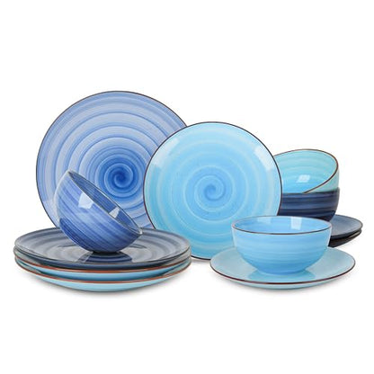 Selamica Ceramic Dinnerware Sets, 12 Pieces Plates and Bowls Sets, Scratch Resistant Dishes Set for 4, Handpainted Swirl Dishware Sets with Spray Black Dots, Dishwasher&Microwave Safe, Gradient Blue - color: Gradient Blue, size: 12 Pieces