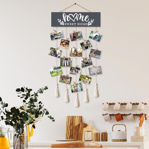 Home Sweet Home Family Hanging Display Board with 16 Clips, Rustic Wood Picture Collage Frame with Tassels Farmhouse Wall Decor - color: Home Sweet Home