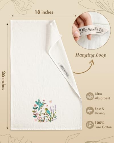 Embroidered Flour Sack Kitchen Towels, Cute Birdie | Exquisite Embroidery, Pure Cotton, Lightweight, Nostalgic Design, with Hanging Loop, Softer After Wash, Machine Washable - color: Birdie
