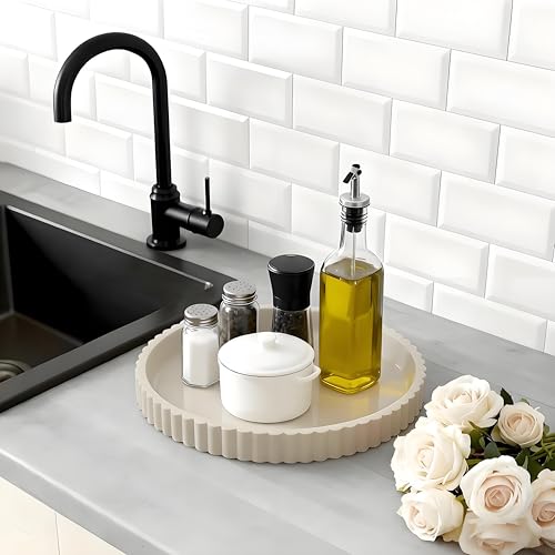 11" Round Fluted Concrete Decorative Tray, Gray Ribbed Modern Vanity Tray for Coffee Table, Bathroom Counter, Kitchen Island, Elegant Centerpiece for Home Decor, Bandeja Decorativa