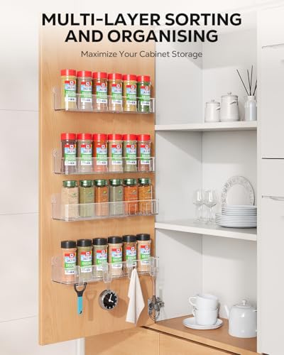 Nieifi Spice Rack Wall Mount, 4 Pack Clear, 2" Depth, Screw/Adhesive | Wall-Mounted with Removable Hooks Saves Counter Space, Fits 2" Deep Jars, Ideal for Kitchen Cabinets, Pantry Doors, and RVs - color: Clear