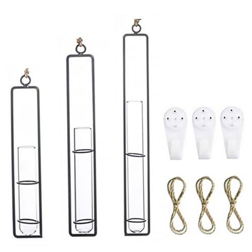 Hanging Glass Hydroponic Vase Set 3pcs with Test Tubes and Iron Frames, Wall-Mounted Plant Propagation Station for Home Décor and Garden Display, Includes 3 Hemp Ropes and 3