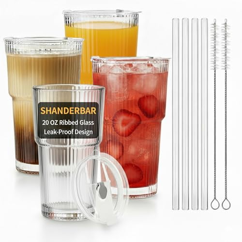 20 oz Ribbed Glass Tumblers with Lids and Straws, Clear, Set of 4 | Thick Reusable Iced Coffee Cups Leak-proof, Reusable Drinking Glasses for Cold & Hot Beverages, Fits Car Cup Holder Travel