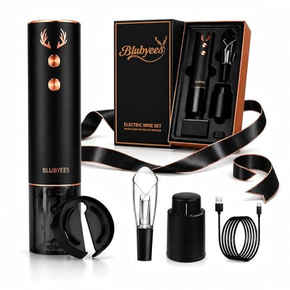 BLUBYEES 4-in-1 Electric Wine Opener Set – Rechargeable Automatic Corkscrew, Foil Cutter, Aerator & Vacuum Stopper, Wine Accessories Gift Set for Dad, Father’s Day Gifts for Men, Husband, Wine Lovers | Foil Cutter, Aerator Pourer, Vacuum Stopper, Automati