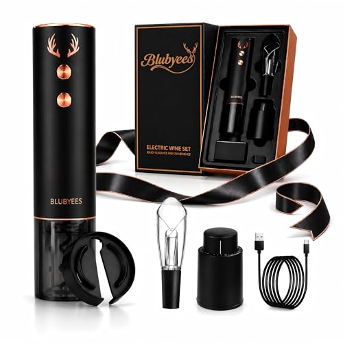 BLUBYEES 4-in-1 Electric Wine Opener Set – Rechargeable Automatic Corkscrew, Foil Cutter, Aerator & Vacuum Stopper, Wine Accessories Gift Set for Dad, Father’s Day Gifts for Men, Husband, Wine Lovers | Foil Cutter, Aerator Pourer, Vacuum Stopper, Automati