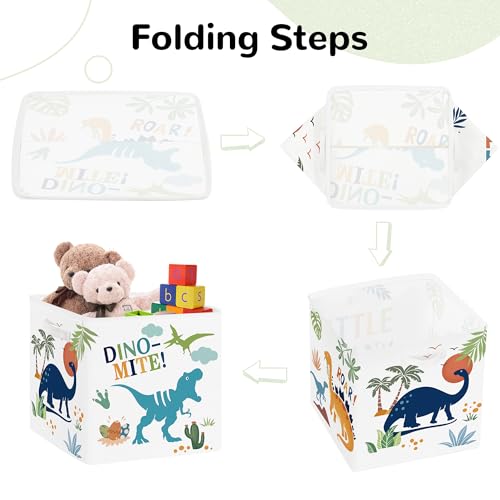 Clastyle 11.8" Dinosaur Storage Basket Set of 3 for Kid Boy Toy Clothes Bin | Collapsible Fabric Book Bin, Metal Frame Bottom Board, Cube Organizer, Closet Nursery Pantry Shelf Bedroom, Boho Dino Palm - color: Palms