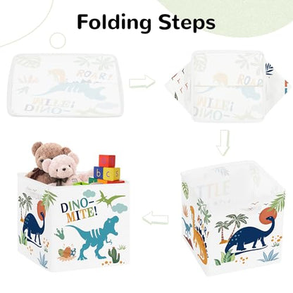 Clastyle 11.8" Dinosaur Storage Basket Set of 3 for Kid Boy Toy Clothes Bin | Collapsible Fabric Book Bin, Metal Frame Bottom Board, Cube Organizer, Closet Nursery Pantry Shelf Bedroom, Boho Dino Palm - color: Palms