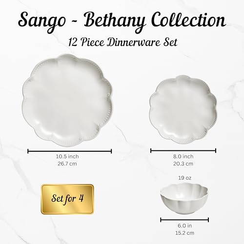 Sango Bethany 12 Pieces Scalloped White Plates & Bowls Set - color: White, size: 12-Piece Set
