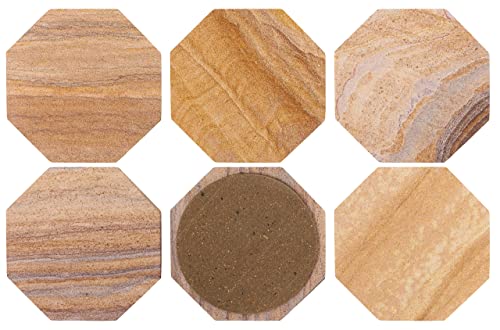 Sandstone Water Absorbent Hand Crafted Octagon Coasters for Drinks- Set of 6-4 inches Wide Thirsty Stone bar/Drink Coasters Made from Real Solid Stone (Without Holder, Set of 6) - style: Design 4