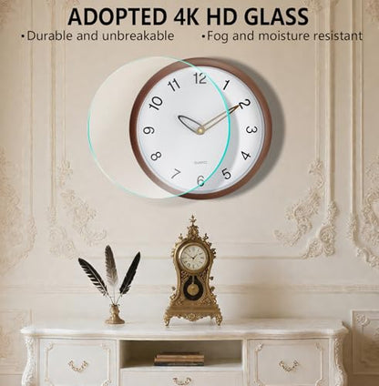 Wall Clock, 12 Inch Wall Clocks Battery Operated, Silent Non Ticking Analog Clock with Large Numbers, Cream Modern Wooden Hands Clocks for Living Room Bedroom Kitchen Hotel Farmhouse, Brown