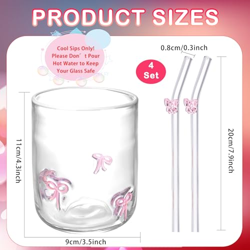 4 Set 14 oz Pink Bow Icon Glass Cup with Glass Straws 3D Aesthetic Cup Old Fashioned Icon Handblown Cup for Cold Drink Juice Office Women Friend Party Gifts Mom Daughter, Not Suitable for Hot Drinks