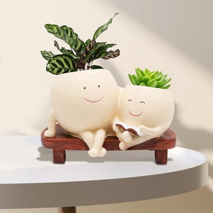 LAUGOKEBE Cute Smily Face Plant Pot for Indoor Outdoor with Drainage Hole | Unique Double Head Reading Book Planters, Funny Succulent Flower Pots, Plant Gifts for Mother's Day, Birthday, Christmas