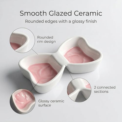 Soy Sauce Dishes, 2-Compartment, 2-Pack, Pink | Ceramic butterfly condiment cups keep two dips apart; 3 oz dishes serve sushi, snacks, appetizers, and small sides at table. - color: Pink
