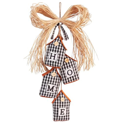 Novabright Fabric Home Sign Farmhouse Home Signs 3D Buffalo Plaid Rustic Wall Decor Black and White Checkered Wall Art with Raffia Bow for Bedroom Kitchen Bathroom Living Room Window Coffee Shop