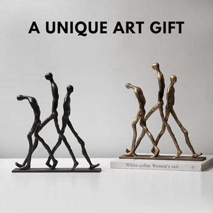 Abstract Three Figures Sculpture Cast Iron – Giacometti Style Walking Trio Statue, Modern Art Home Decor, Minimalist Human Figure Figurine for Living Room Office Shelf – Friendship Brotherhood Gift - style: Three walking man