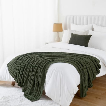 Battilo Olive Green Throw Blanket for Couch, Chunky Cable Knit Blanket, Woven Soft Cozy Chenille Throw Blanket for Bed, Sofa, Chair, Living Room, 51"x67" - color: Olive Green