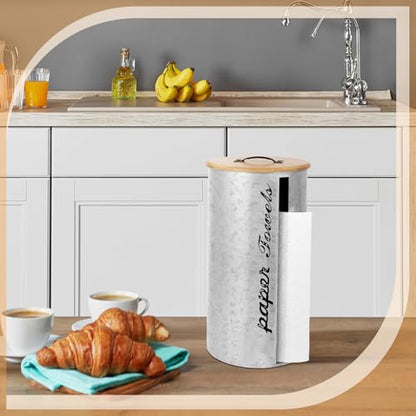 Beeveer Farmhouse Paper Towel Holder Covered Metal Rustic Countertop Paper Towel Dispenser with Wooden Lid Fully Covered Holder for Home Country Bathroom Kitchen 6.3 x 6.3 x 13.4'', Silver