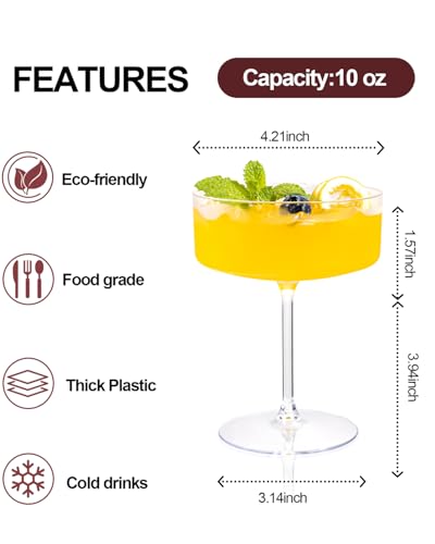 Ciaell 12 Pack Plastic Martini Glasses for Bars Parties | 10 oz Coupe Cocktail Cups, Heavy Duty Plastic, Cocktails Whiskey Margaritas Wine for Weddings Outdoor Gatherings Baby Showers - color: Basic Clear