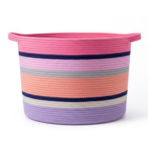 Pink Large Blanket Basket with Handles, 55 L Woven Rope Toy Basket, Foldable Storage Bin for Blankets, Toys & Laundry, stuffy storage for Bedroom & Playroom&Living room (17.7"D * 13.8"H) - size: 17.7"D * 13.8"H