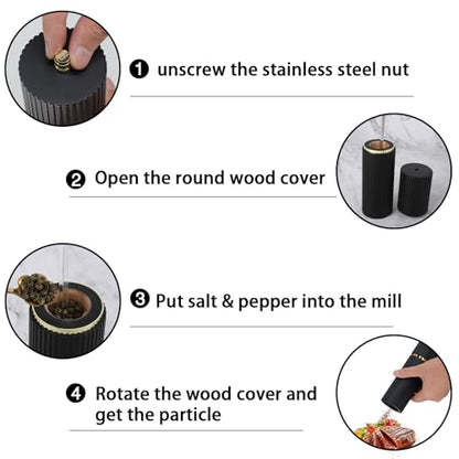 Wooden Salt and Pepper Grinder Set with Gold Accents, Salt and Pepper Grinder with Adjustable Coarseness, Beech Wood Pepper Grinder Manual,Salt and Pepper Shakers Matching Wooden Rray for Gifting - color: BLACK & BLACK