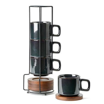 LUKA Porcelain Stackable Espresso Cups with Saucers and Metal Stand, 4 Ounce Small Ceramic Demitasse Cups Set for Latte, Specialty Coffee Drinks, Cafe Mocha,Tea - Set of 4, Kiln Tide Glaze - color: Kiln Tide Glaze