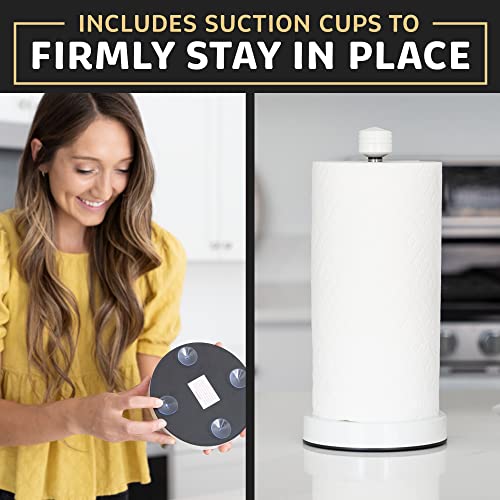 Heavy-Duty Stainless Steel Paper Towel Holder - Easy One-Handed Tear with Suction Cups - Modern Weighted Standing Countertop Dispenser for Kitchen - Holds All Paper Towel Rolls, White - color: White