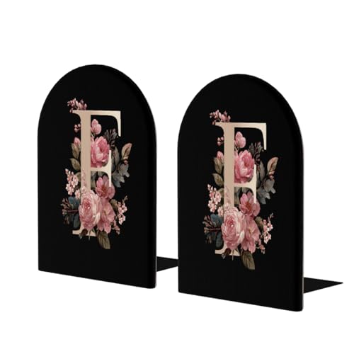 Wood Book Ends for Shelves Pink Floral Alphabet F Bookends for Heavy Books CDs Organizer Decorative Wooden Book Stopper Holders for Home Office Desk,6.7x4.2x4in Set of 2 - color: Floral F, size: 6.7x4.2x4inx2PCS