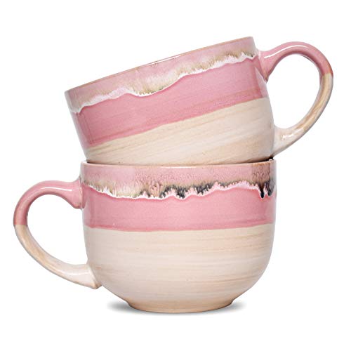 Bosmarlin Large Ceramic Coffee Mug Set of 2, Stoneware Jumbo Latte Mugs Tea for Office and Home, 16 Oz, Dishwasher and Microwave Safe(Pink, 2) - color: Pink