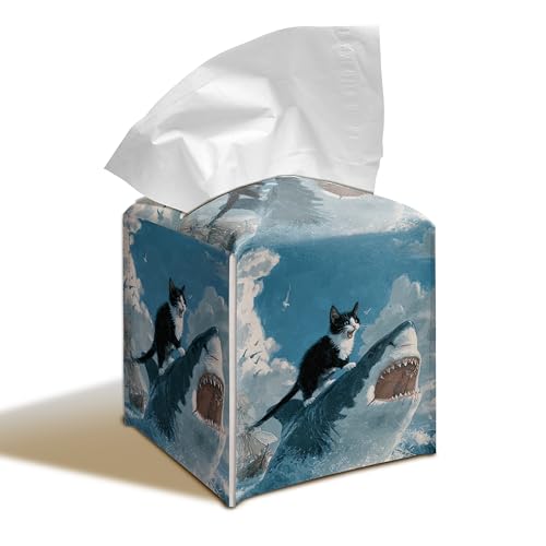 Funny Cat Shark Tissue Box Cover, 5.2 Inch PU Leather Square Holder | PU leather tissue box cover with funny cat shark design, hand-stitched detail, and removable liner for home or office. - color: Cat Shark