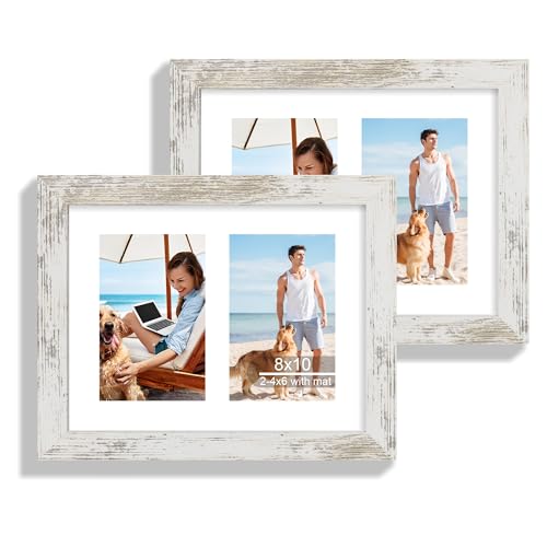 Hongkee 8x10 Picture Frame Set of 2, Distressed White Wood Frame with Glass Collage Frame, Display Pictures Two 4x6 With Mat or 8 x 10 Without Mat - Horizontal or Vertical Wall Mounting - color: Distressed White, size: 8x10 in matted to 2-4x6