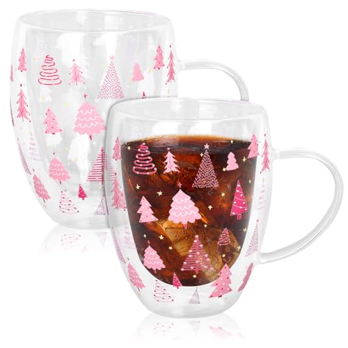 JarThenaAMCS Christmas Double Wall Glass Coffee Mugs 12oz Cute Pink Xmas Tree Insulated Glasses Clear Espresso Cups with Handle for Home Holiday Supplies, Set of 2 - style: Pink Xmas Tree