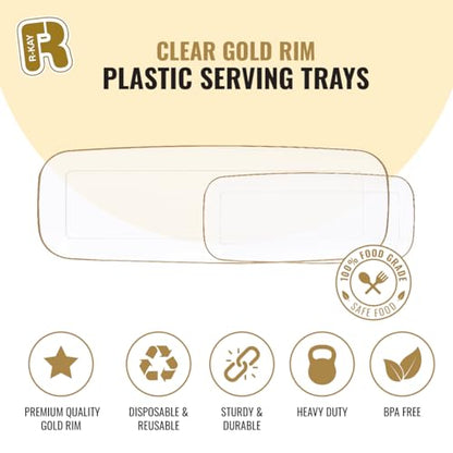 R-kay 4 Pack Clear Plastic Serving Trays - 10 by 5.5 in Heavy Duty Rectangular Platters for Party, Food, and Desserts - color: Clear And Gold, size: 10 Inch