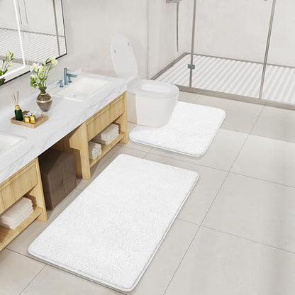 LOCHAS Bathroom Rugs Sets 2 Piece, 20''x20'' & 34''x21'', White | Non Slip U-Shaped Toilet Rug, Chenille Washable Absorbent, Soft Bath Mat Set for Shower, Sink - color: White