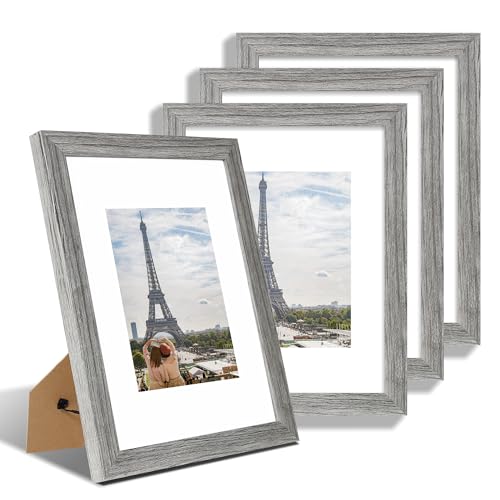 Hongkee 9x12 Picture Frame Set of 4, Made of Glass and Grey Wooden Frame - Display Picture 6x8 with Mat or 9 x 12 Without Mat, 9 by 12 Photo for Wall or Tabletop - color: Grey, size: 9x12 in