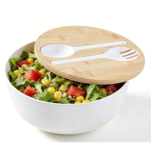 ECOWAY Bamboo Fiber Salad Bowl Set with Lid & Servers, 4Qt Large Serving Bowl with Bamboo Lid, 130OZ Mixing Bowl with Spoon Fork for Salad Fruits Vegetables and Pasta (White, 9.8inch) - color: White with lid