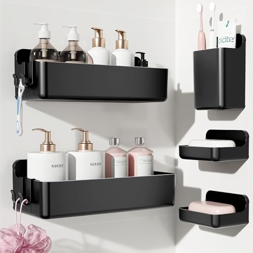 Nieifi Adhesive Shower Shelves, Black, 5 Pieces | Rustproof ABS, Large Capacity, Removable Design, Easy-Clean, No Drilling Shower Organizer for Bathroom Storage & Home Decor - color: Black, size: 5 pieces