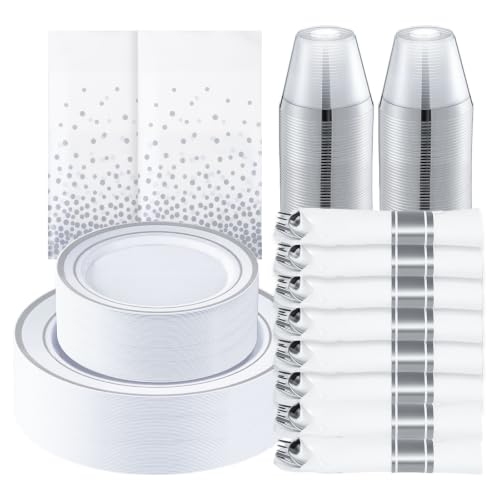 352 Piece Silver Plastic Dinnerware Set for 50 Guests | Includes: 50 Dinner Plates 50 Dessert Plates, 50 Pre Rolled Napkins with Silverware, 50 Cups, 2 Tablecloth - color: Silver, style: 352 Piece (50 guests)